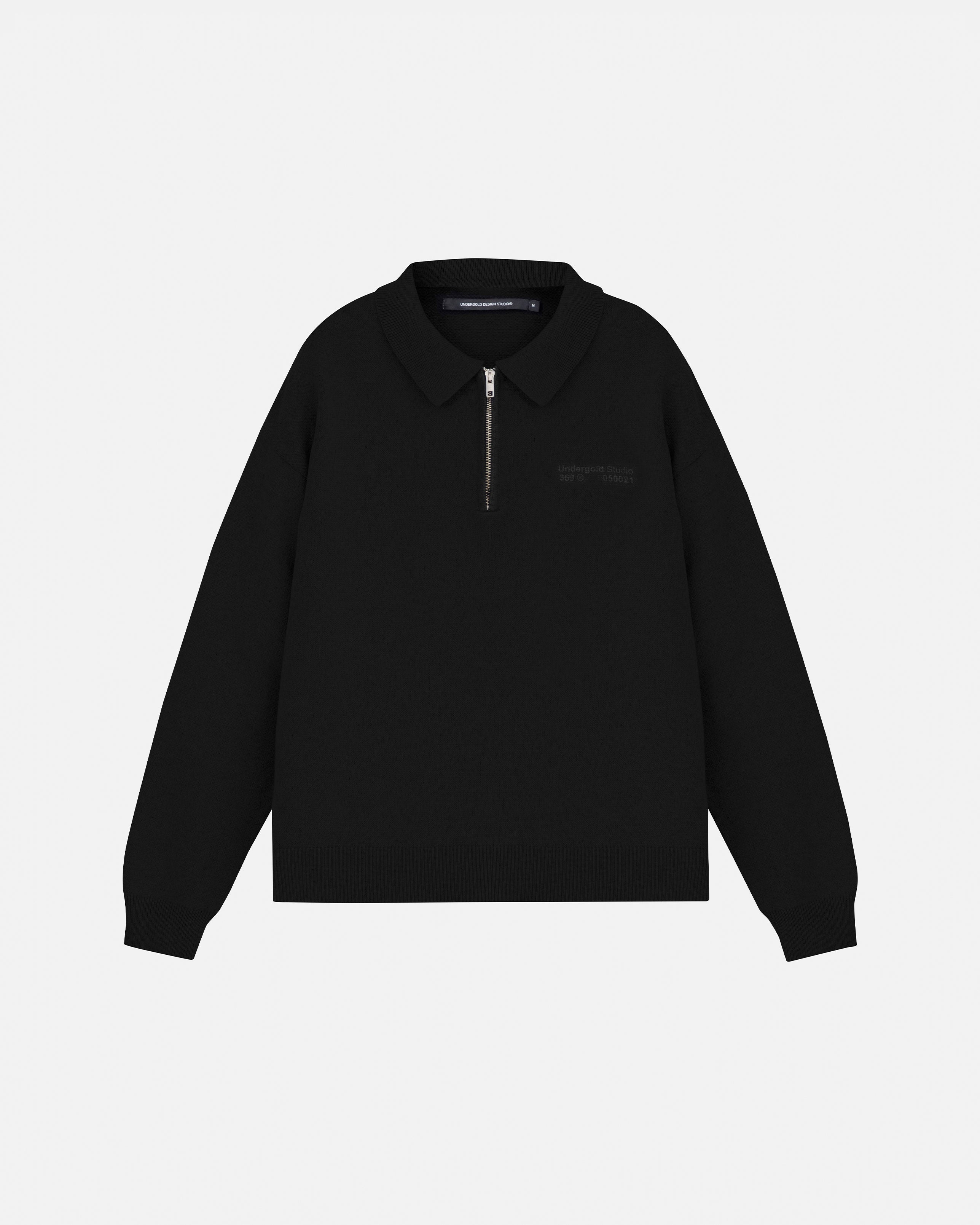 BASICS KNIT ZIP UP LONG SLEEVE POLO SHIRT BLACK