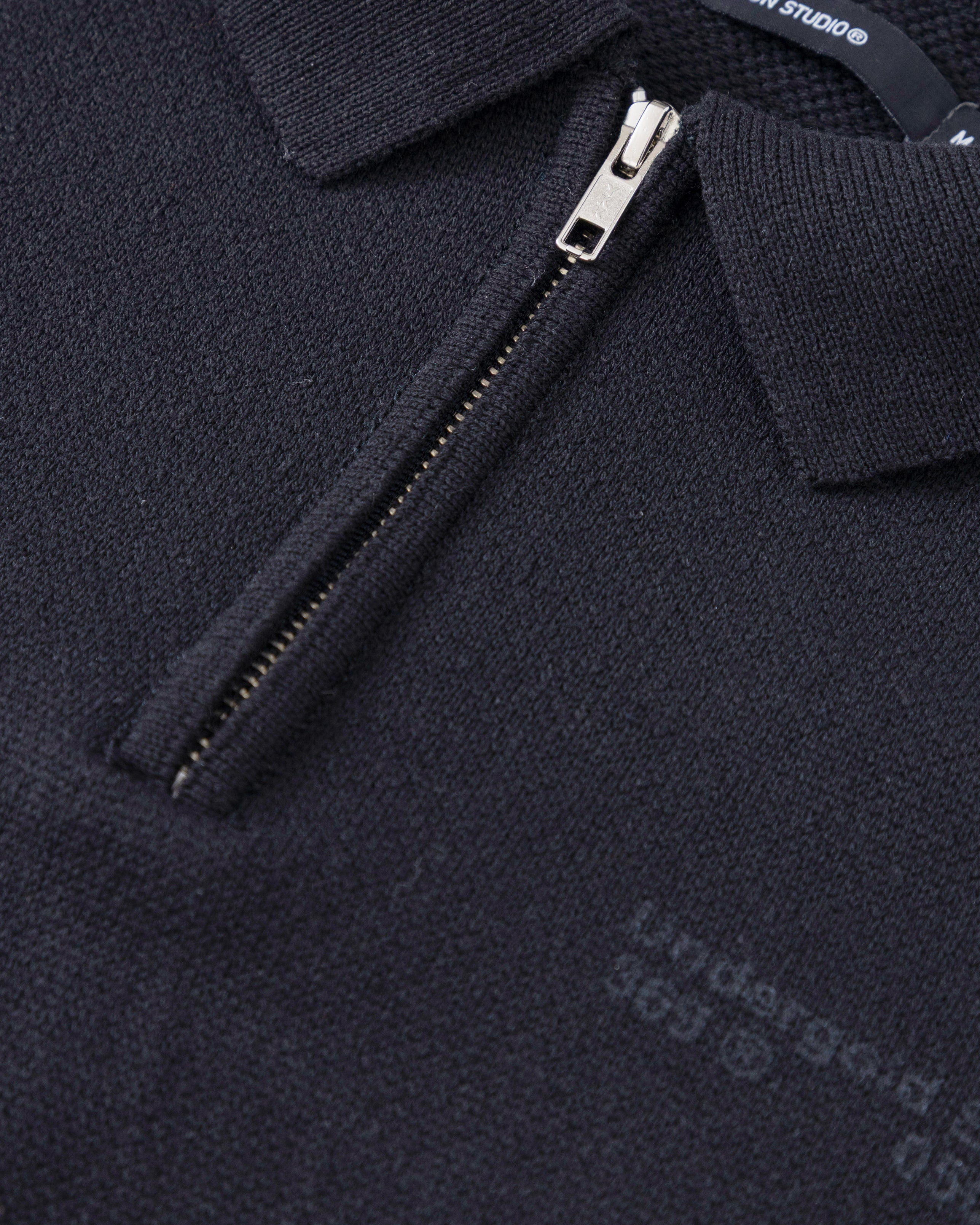 BASICS KNIT ZIP UP LONG SLEEVE POLO SHIRT BLACK