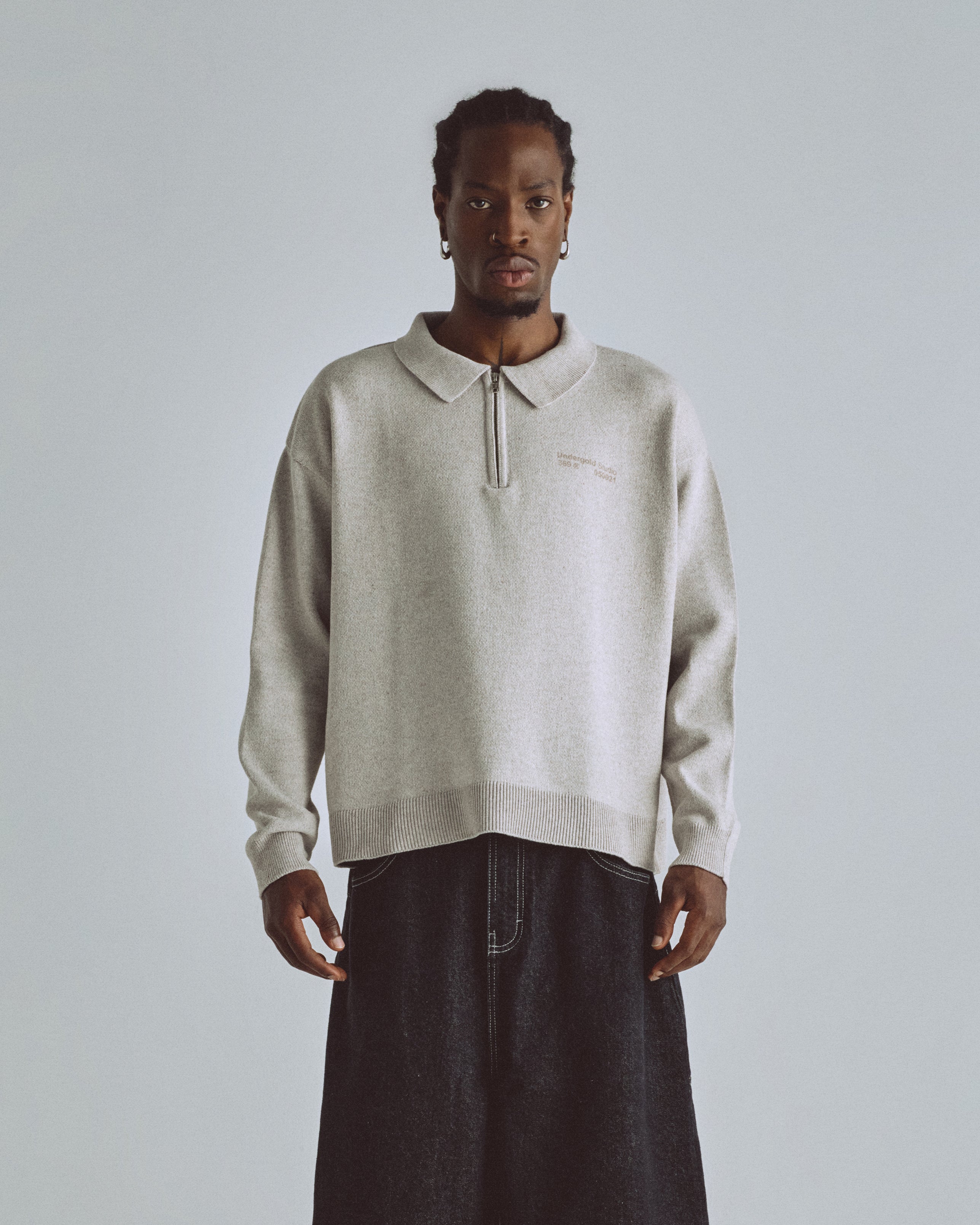 BASICS KNIT ZIP UP LONG SLEEVE POLO SHIRT SEED GRAY