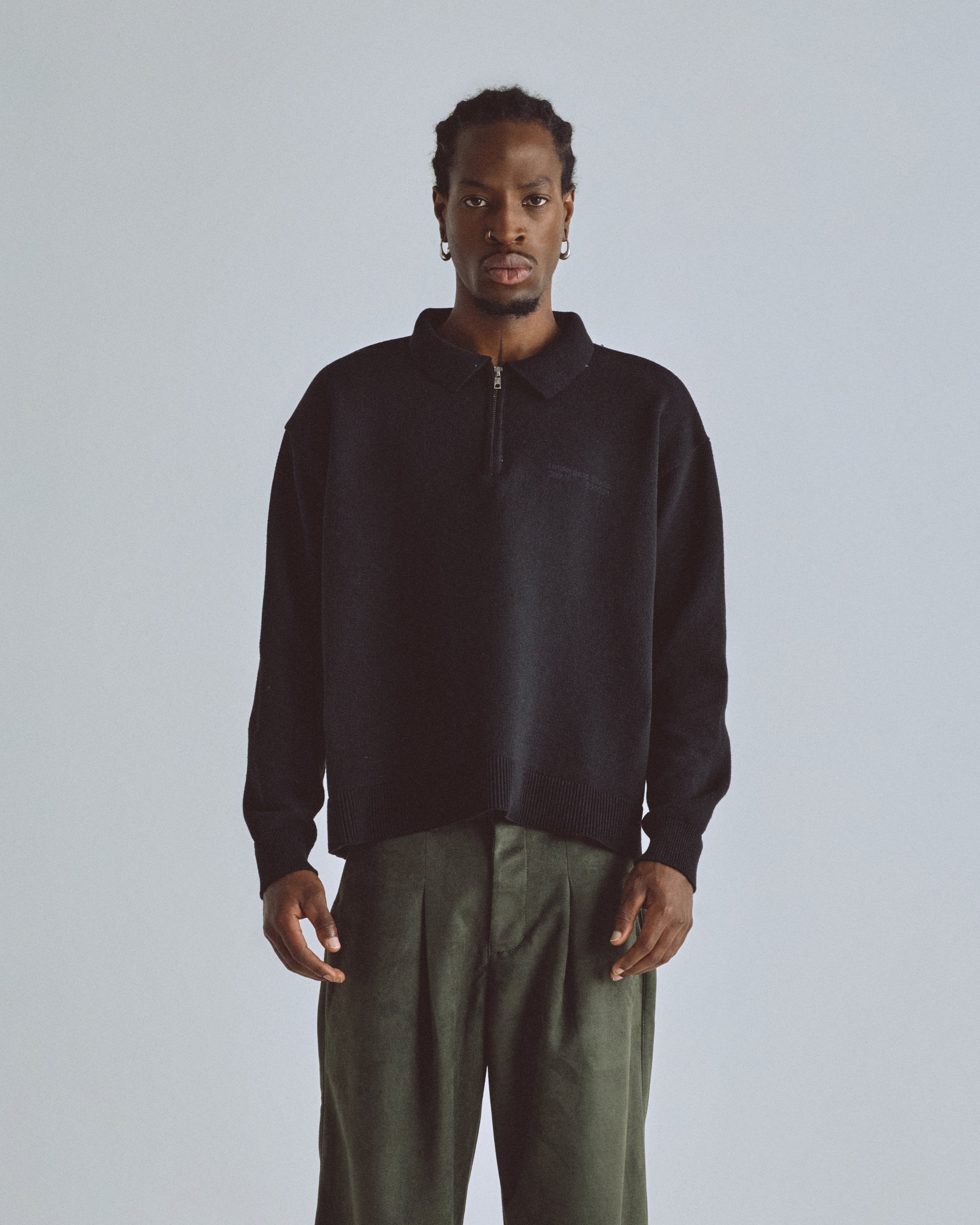 BASICS KNIT ZIP UP LONG SLEEVE POLO SHIRT BLACK