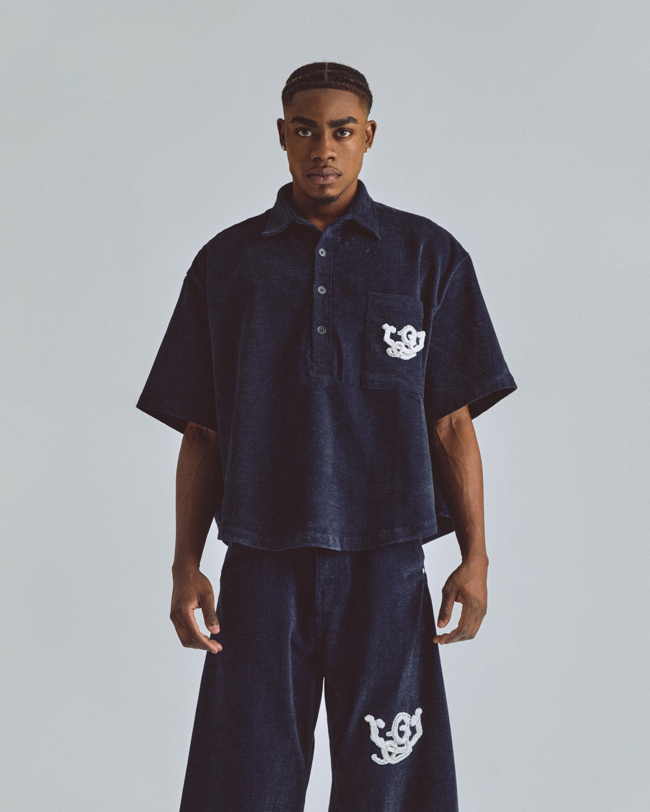 THE PATH MONOGRAM BOXY FIT SHIRT BLUE