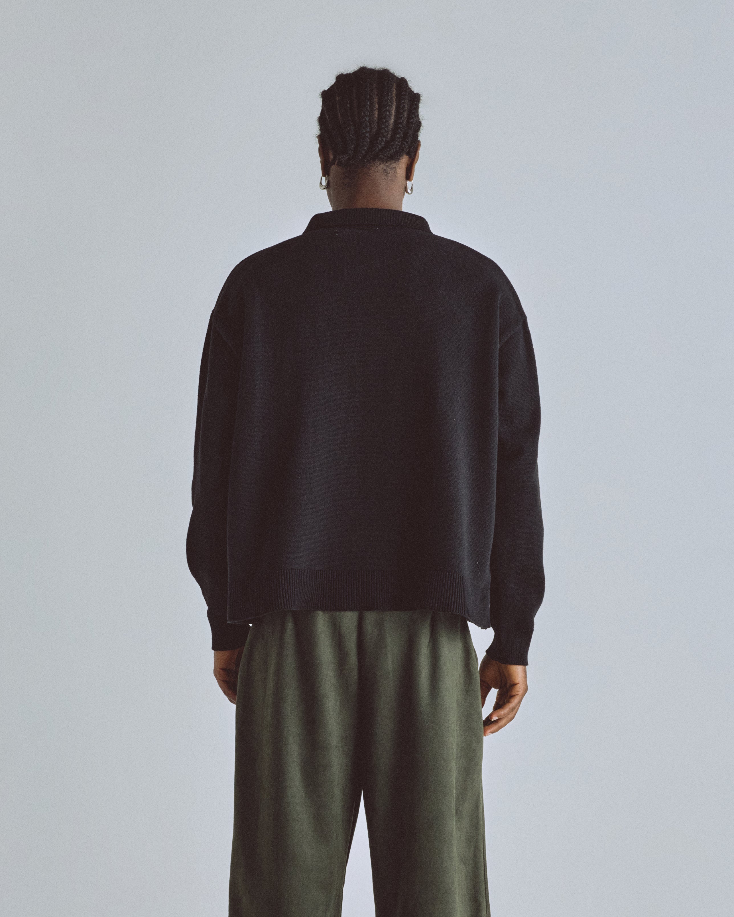 BASICS KNIT ZIP UP LONG SLEEVE POLO SHIRT BLACK