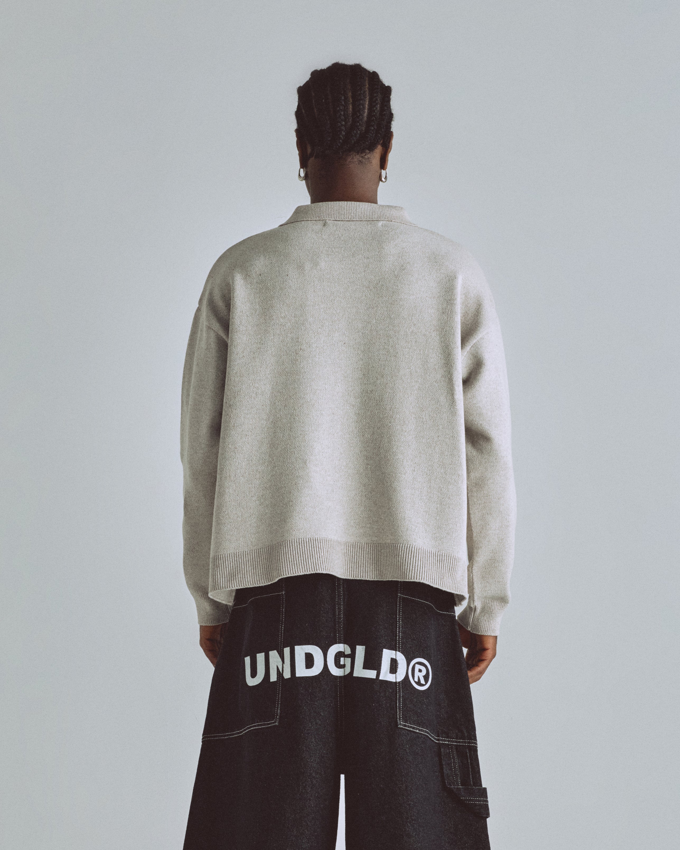 BASICS KNIT ZIP UP LONG SLEEVE POLO SHIRT SEED GRAY