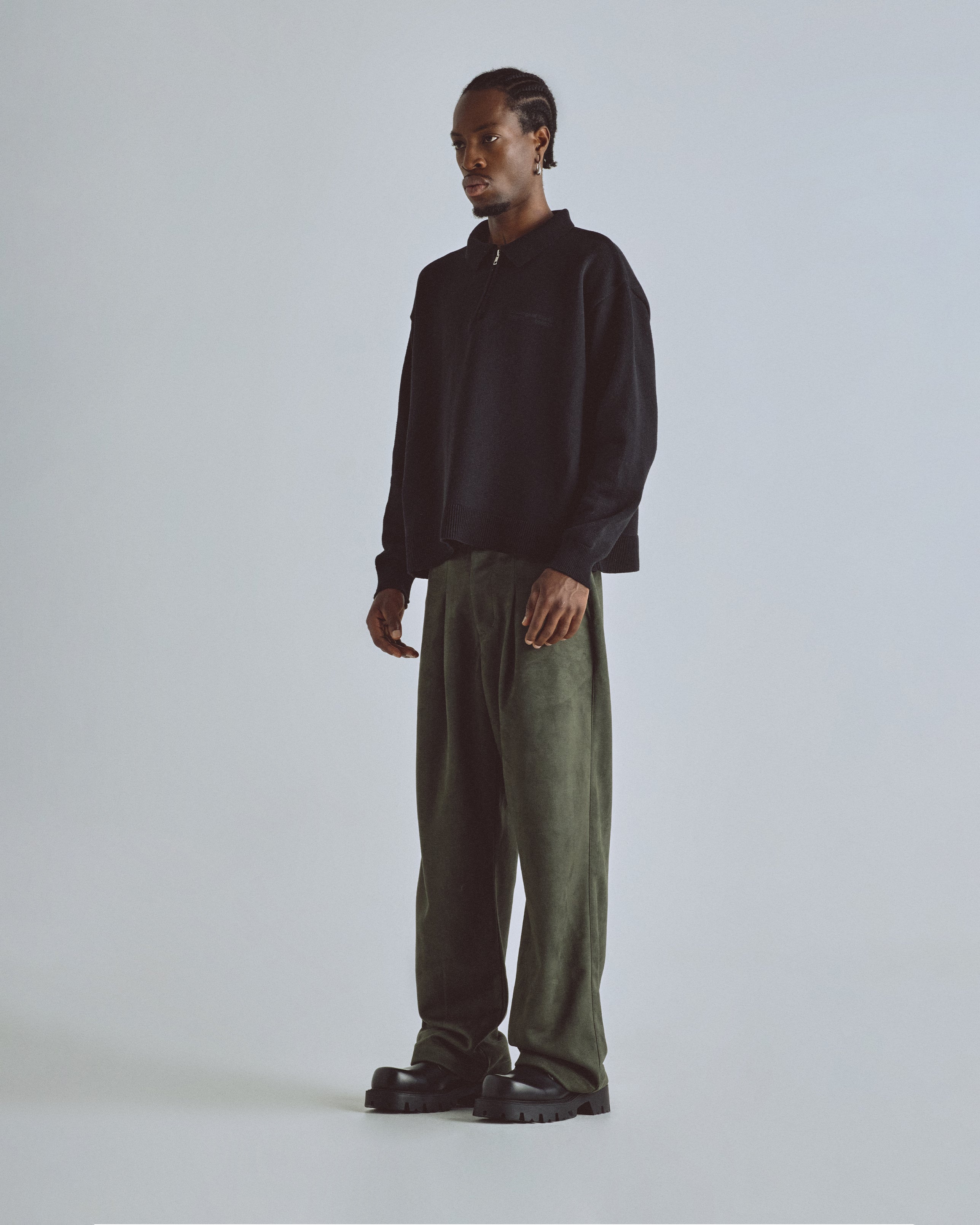 BASICS KNIT ZIP UP LONG SLEEVE POLO SHIRT BLACK