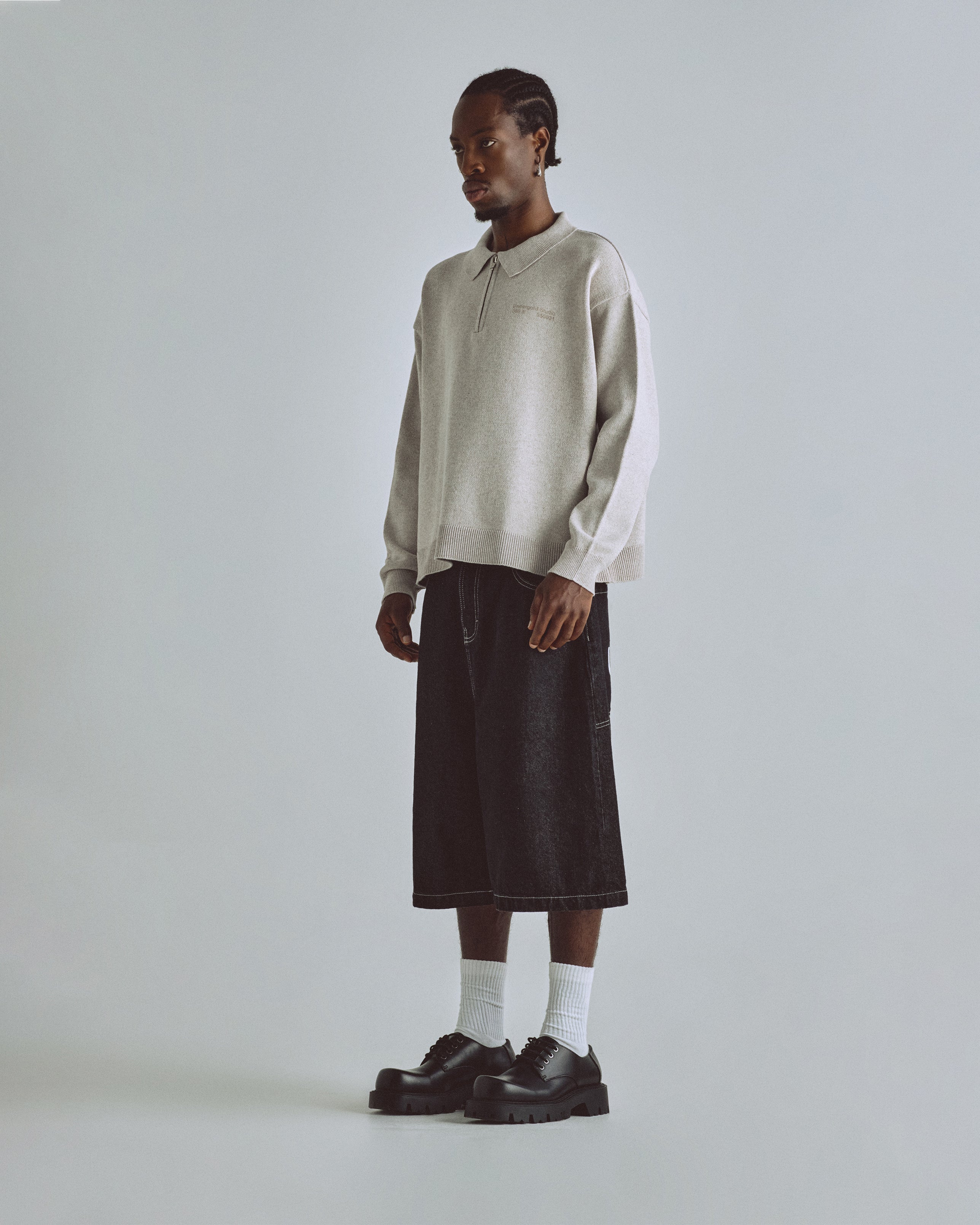 BASICS KNIT ZIP UP LONG SLEEVE POLO SHIRT SEED GRAY