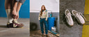 Tenis Veja GT de la colección Spring-Summer 2026 en tres escenas: cordones amarante, mujer con overol de automovilismo y tenis blancos sobre concreto