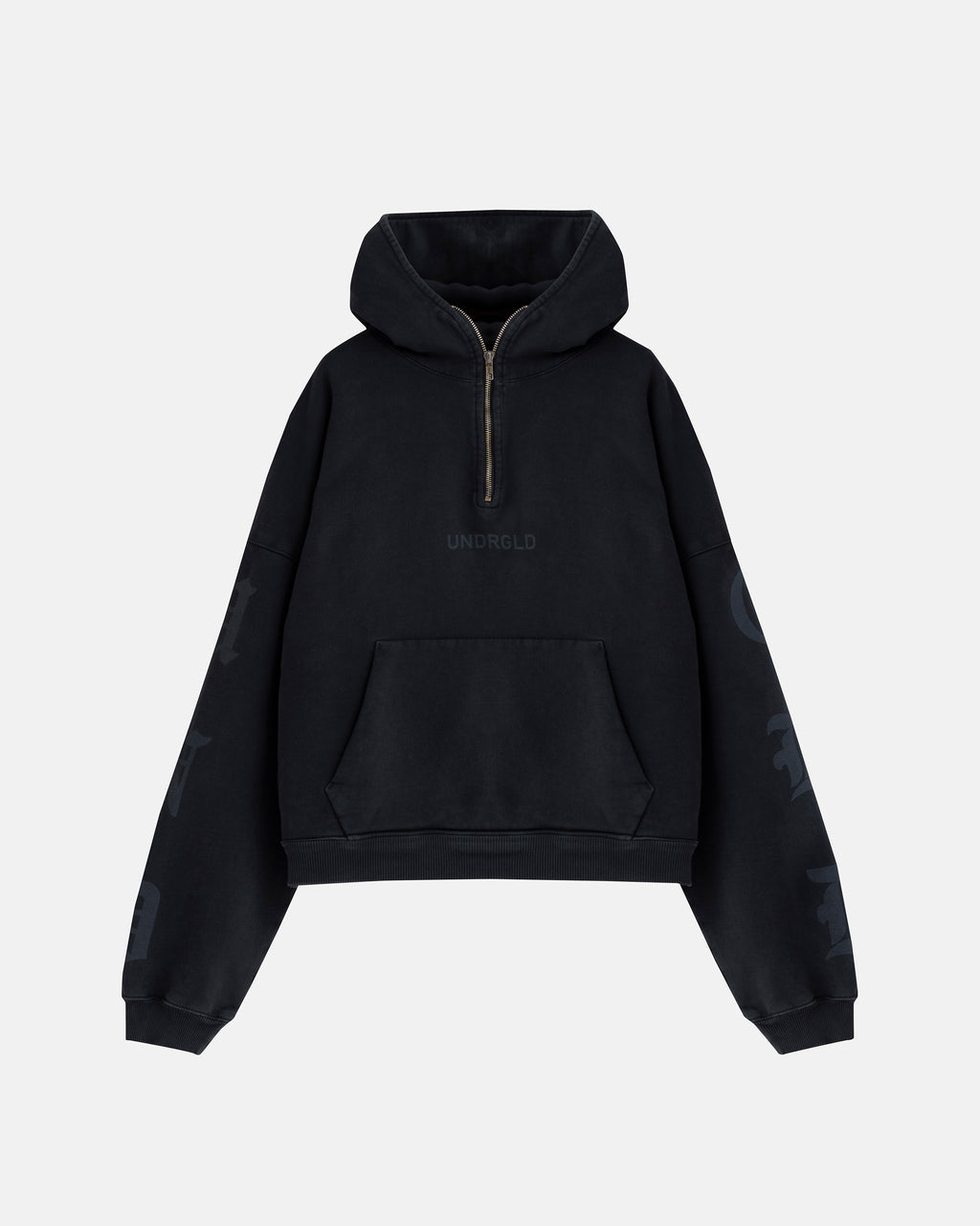AGNUS DEI GOTH BOXY FIT HALF ZIP UP HOODIE VINTAGE BLACK