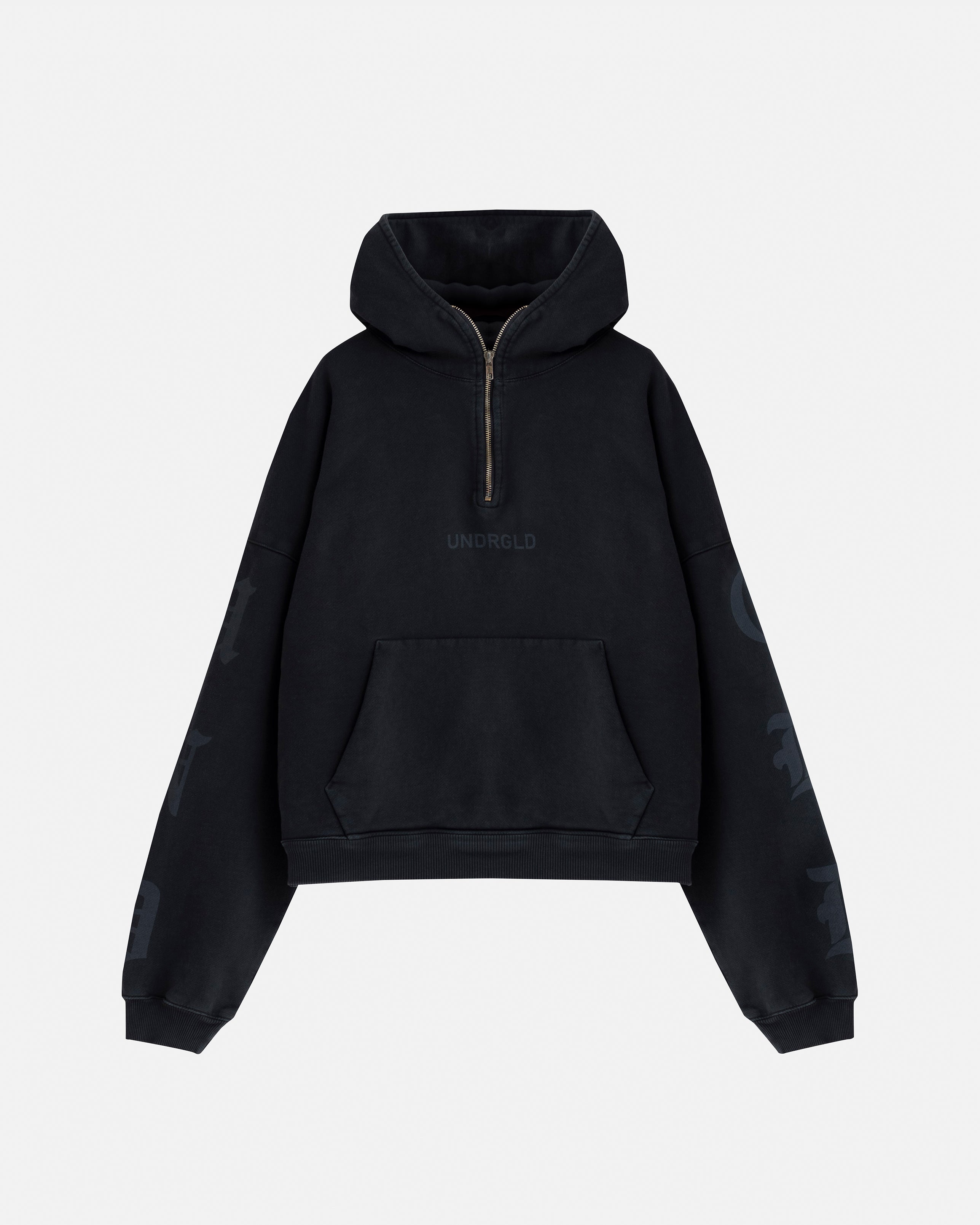 AGNUS DEI GOTH BOXY FIT HALF ZIP UP HOODIE VINTAGE BLACK