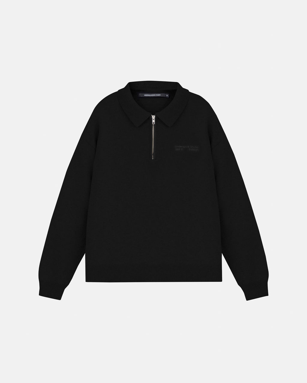 BASICS KNIT ZIP UP LONG SLEEVE POLO SHIRT BLACK