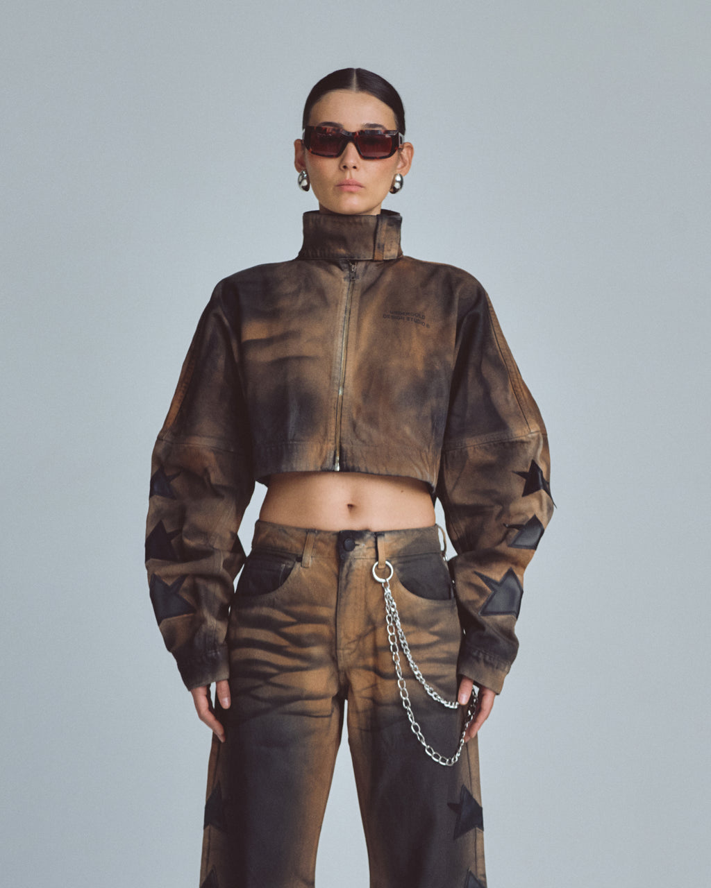 UNDERGOLD W STARDUST STARS TALL NECK ZIP UP JACKET VINTAGE BROWN