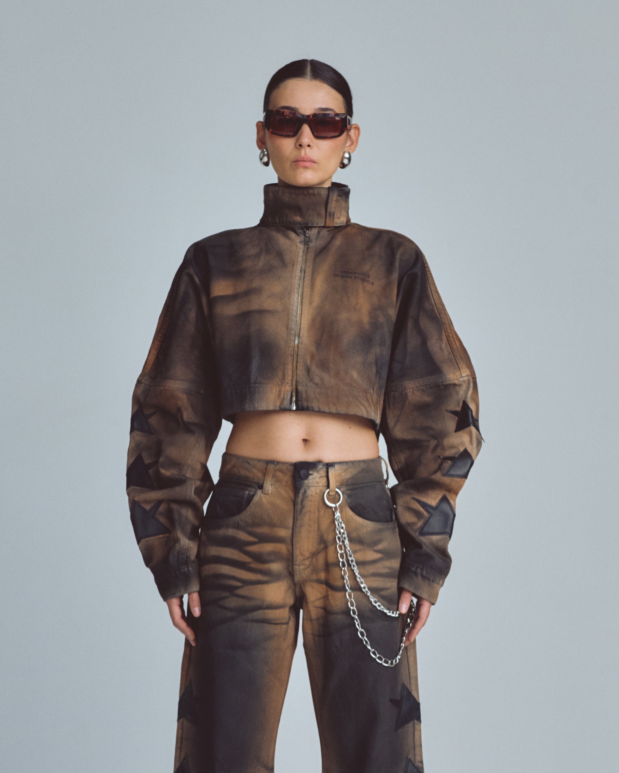 UNDERGOLD W STARDUST STARS TALL NECK ZIP UP JACKET VINTAGE BROWN