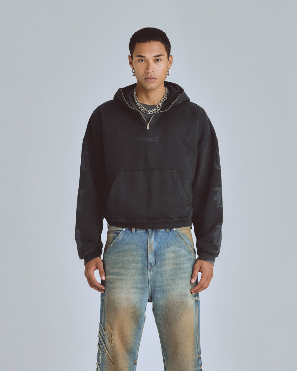 UNDERGOLD AGNUS DEI GOTH BOXY FIT HALF ZIP UP HOODIE VINTAGE BLACK