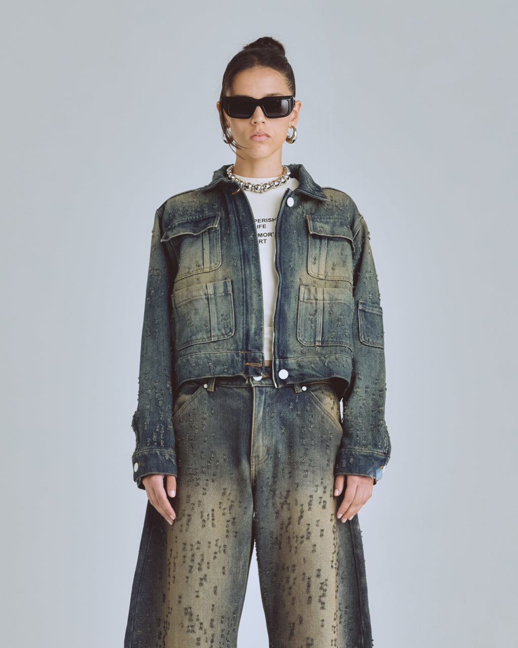 UNDERGOLD W AGNUS DEI UNDRGLD RIPPED JACKET DIRTY BLUE