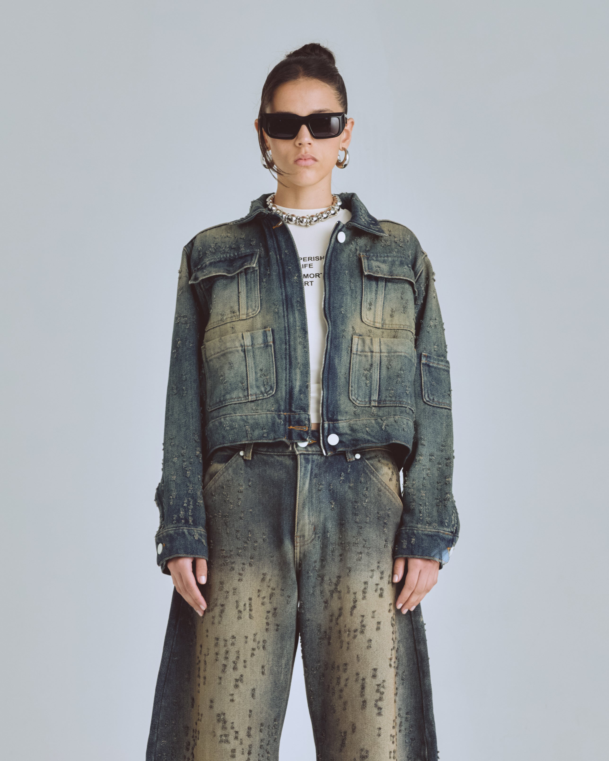 UNDERGOLD W AGNUS DEI UNDRGLD RIPPED JACKET DIRTY BLUE