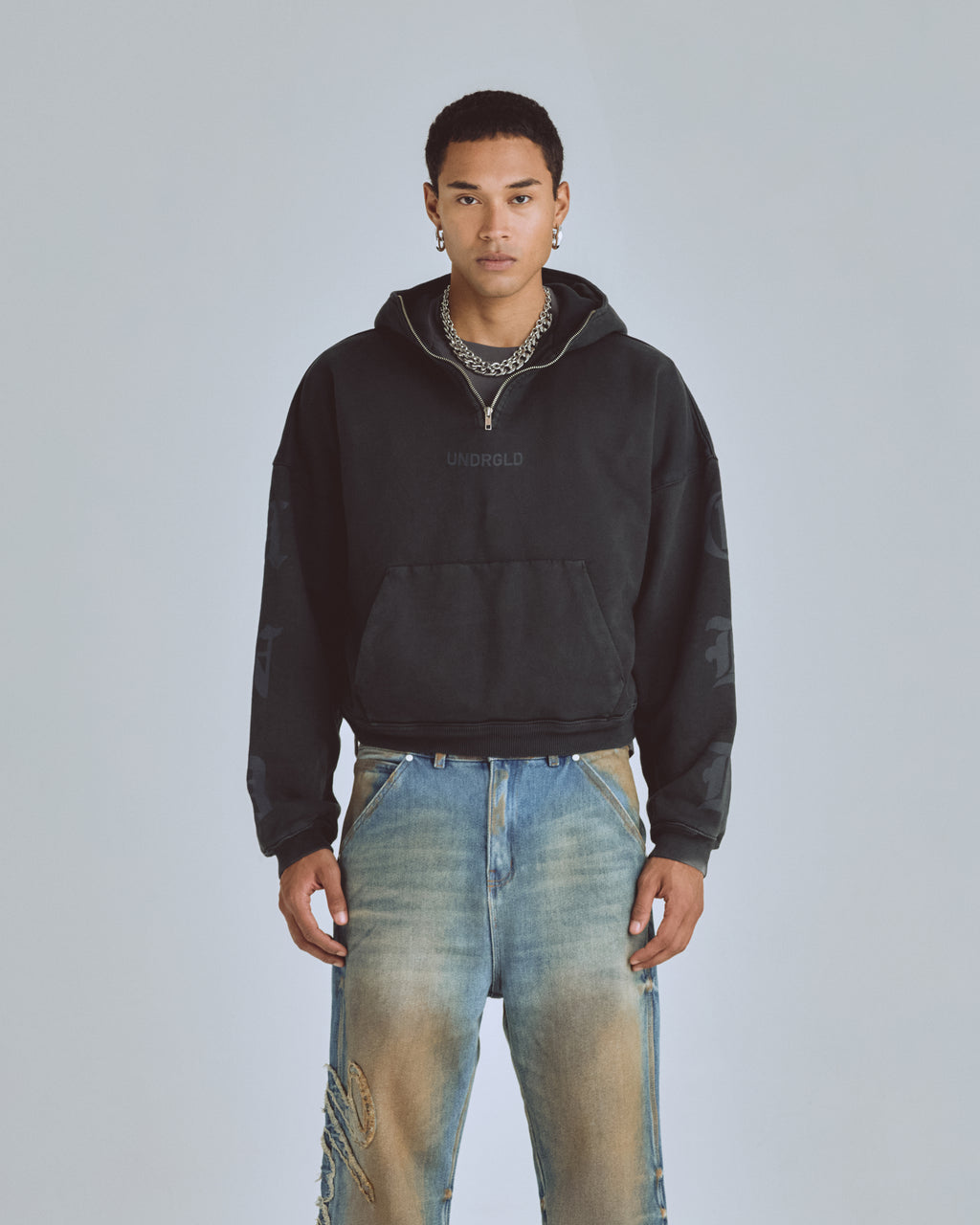 AGNUS DEI GOTH BOXY FIT HALF ZIP UP HOODIE VINTAGE BLACK
