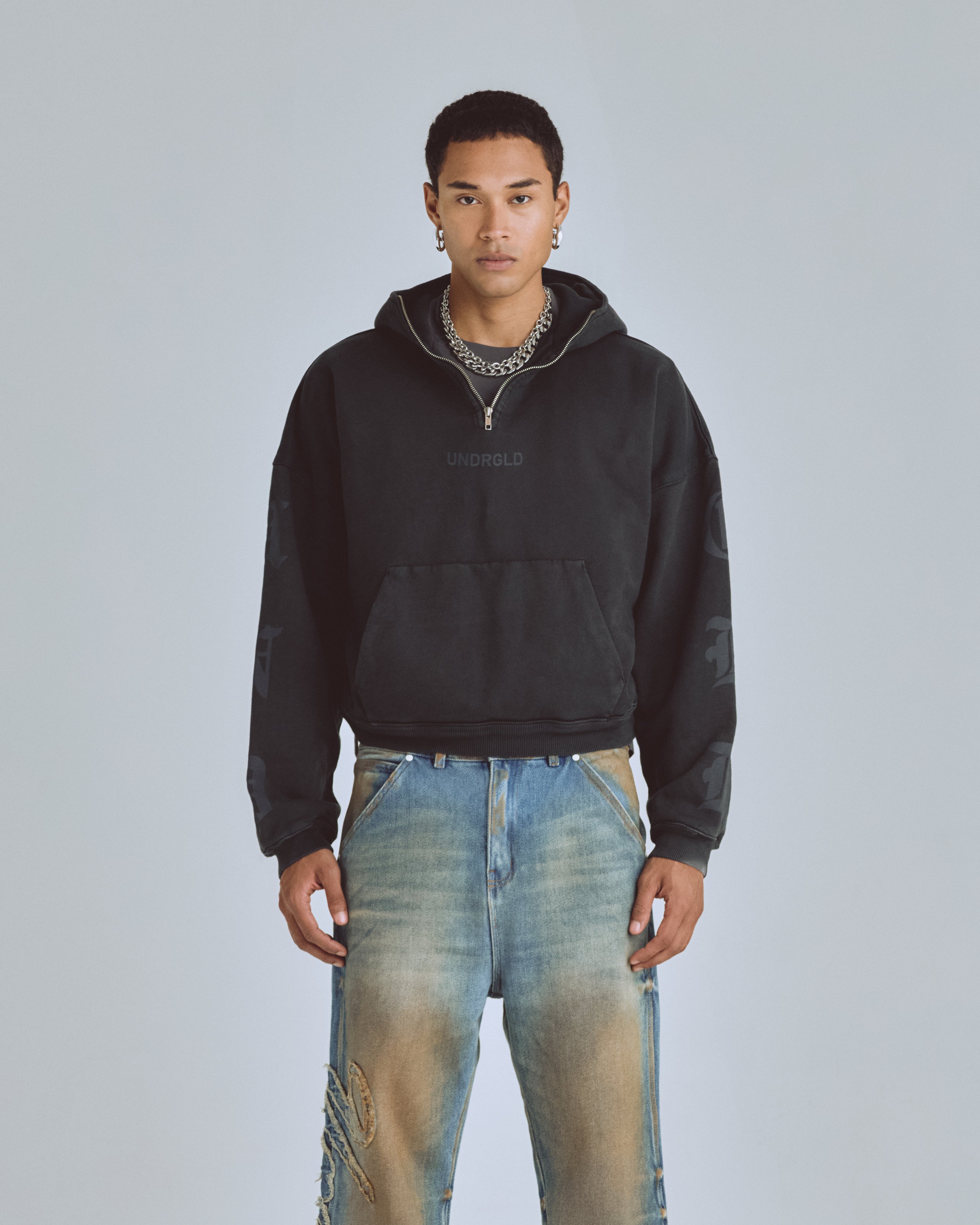 AGNUS DEI GOTH BOXY FIT HALF ZIP UP HOODIE VINTAGE BLACK