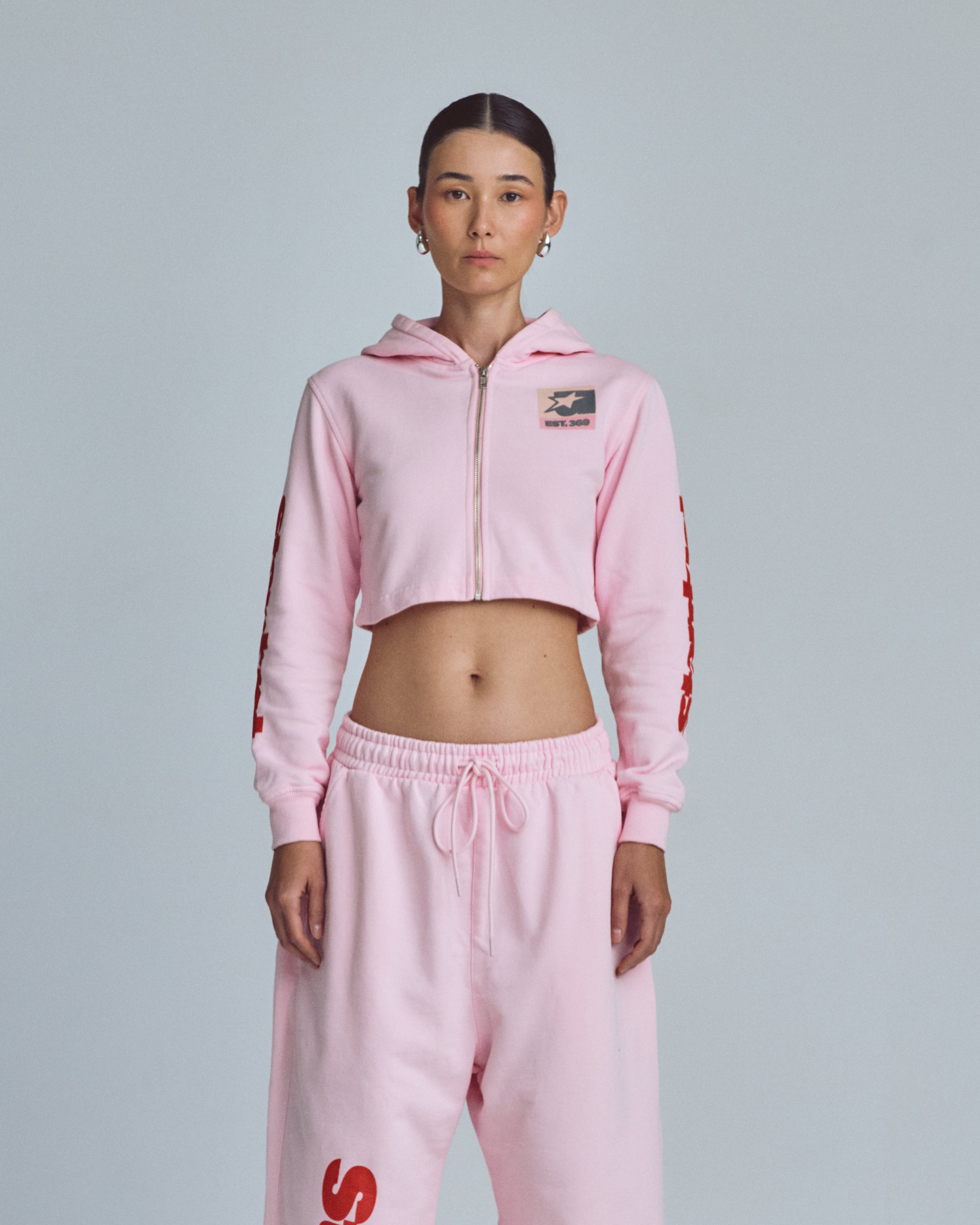UNDERGOLD W STARDUST SYMBOL SLIM FIT ZIP UP CROPPED HOODIE PINK