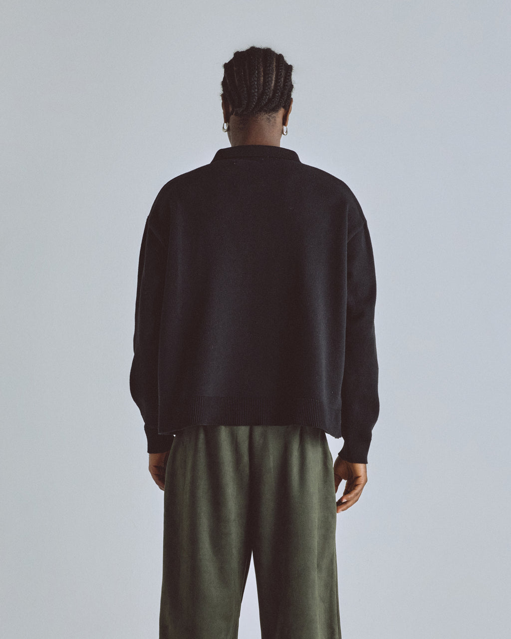 BASICS KNIT ZIP UP LONG SLEEVE POLO SHIRT BLACK