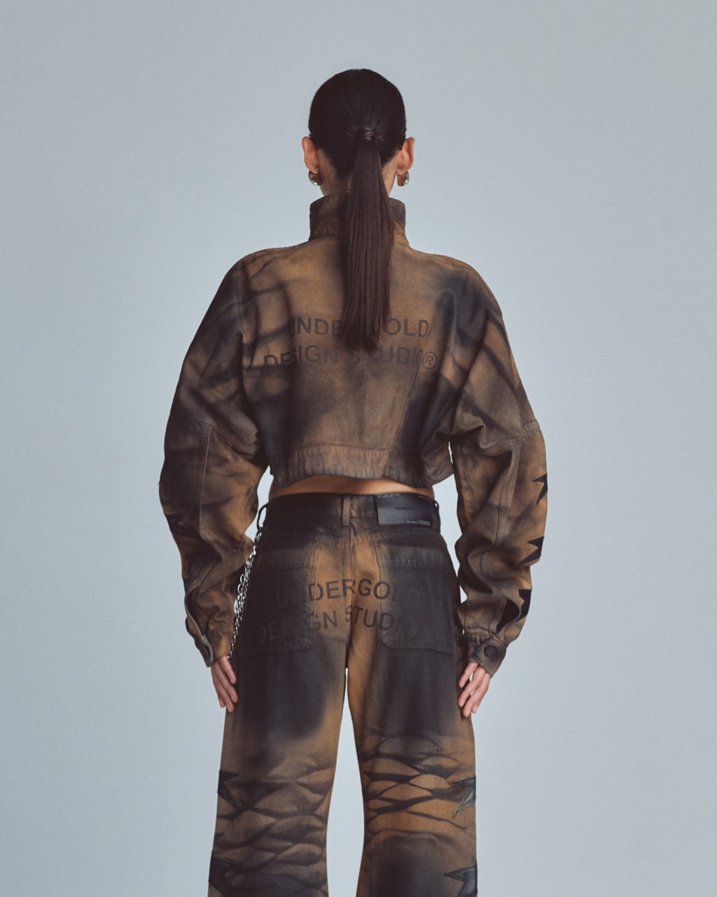 UNDERGOLD W STARDUST STARS TALL NECK ZIP UP JACKET VINTAGE BROWN