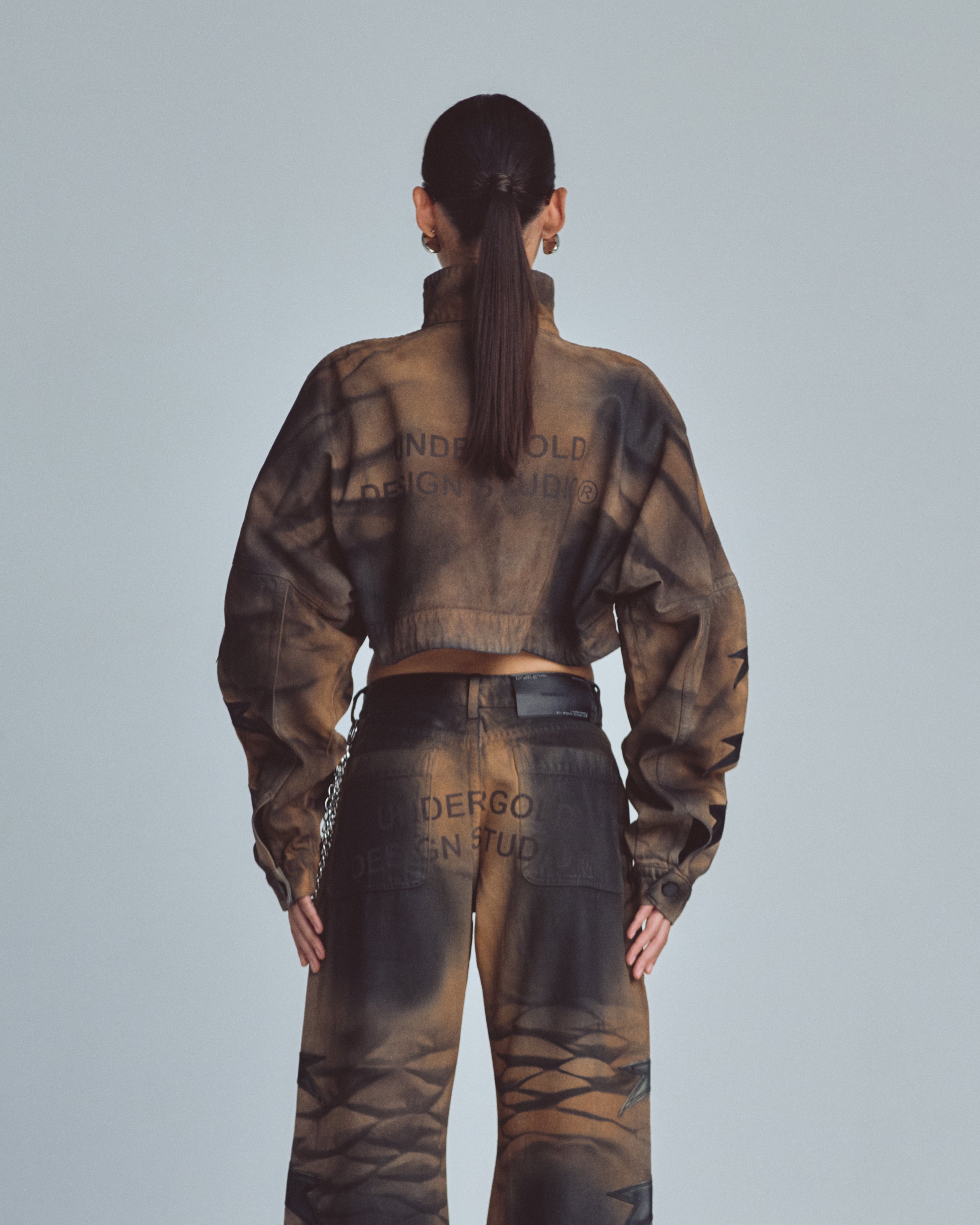 UNDERGOLD W STARDUST STARS TALL NECK ZIP UP JACKET VINTAGE BROWN