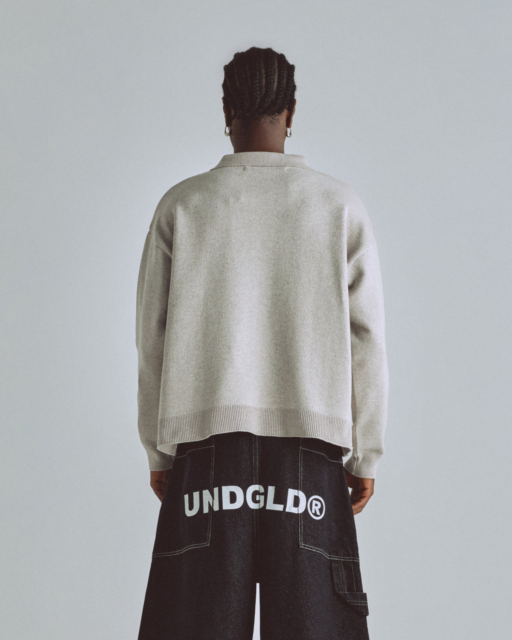 BASICS KNIT ZIP UP LONG SLEEVE POLO SHIRT SEED GRAY