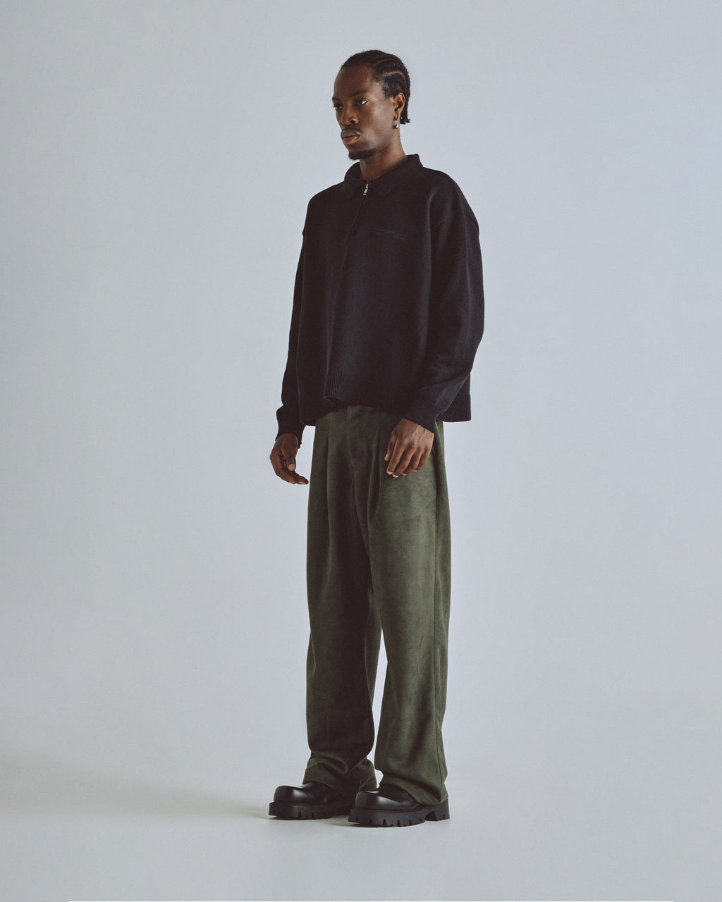 BASICS KNIT ZIP UP LONG SLEEVE POLO SHIRT BLACK