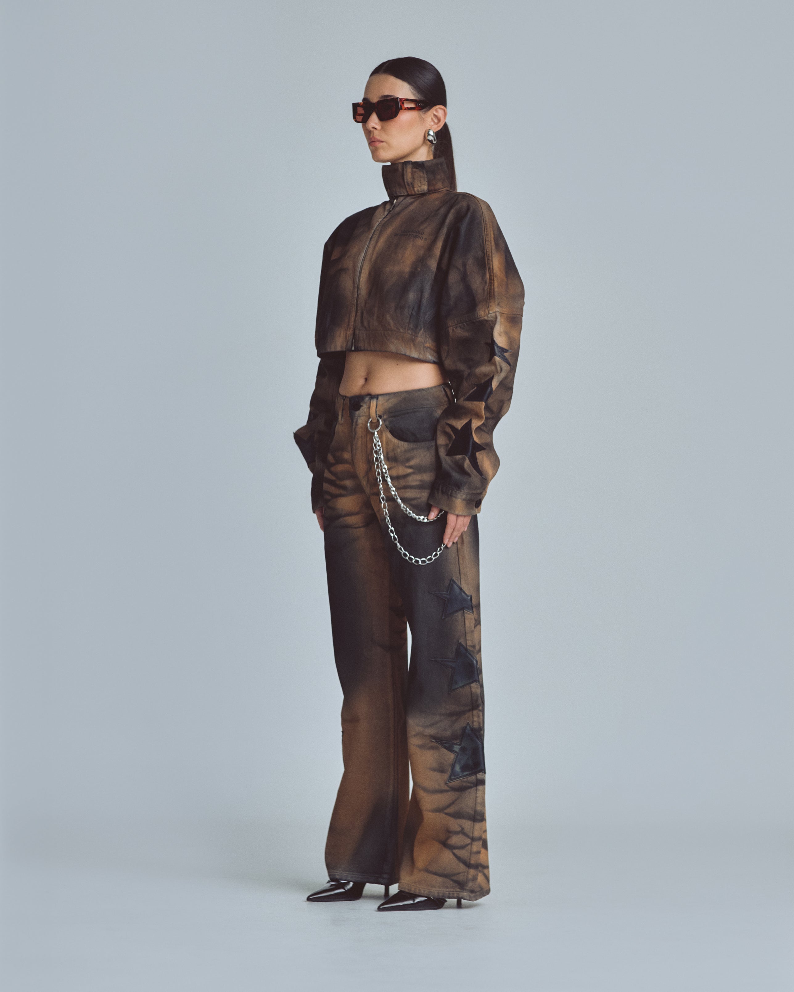 UNDERGOLD W STARDUST STARS TALL NECK ZIP UP JACKET VINTAGE BROWN