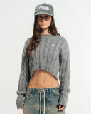TRUE - Distressed Knit Crop Sweater - Gray