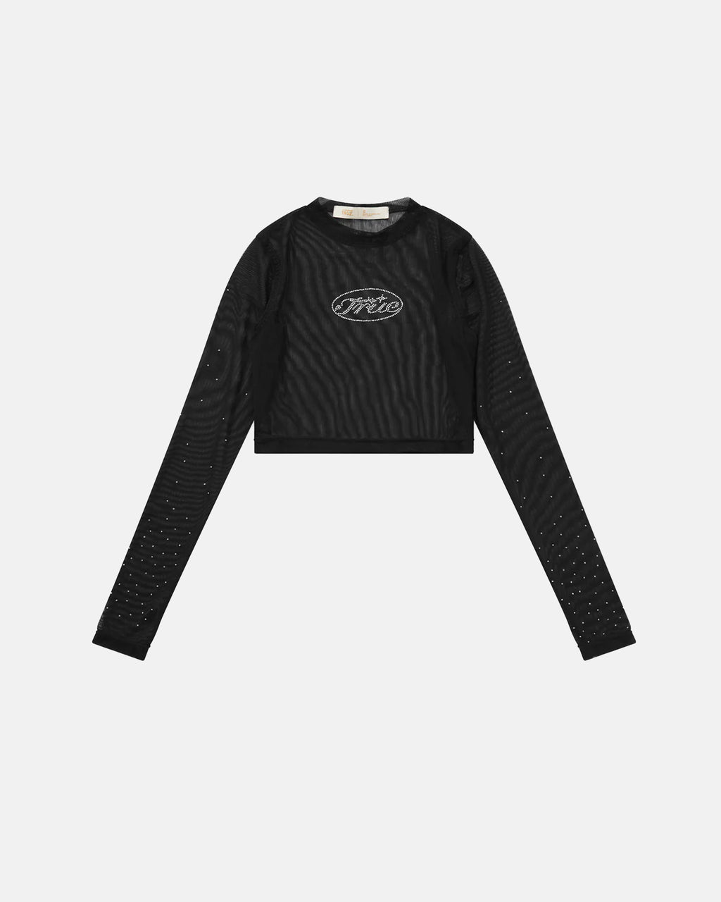 TRUE MESH RHINESTONE LS CROP TOP - BLACK