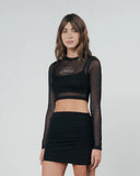 TRUE MESH RHINESTONE LS CROP TOP - BLACK