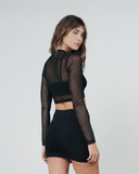 TRUE MESH RHINESTONE LS CROP TOP - BLACK