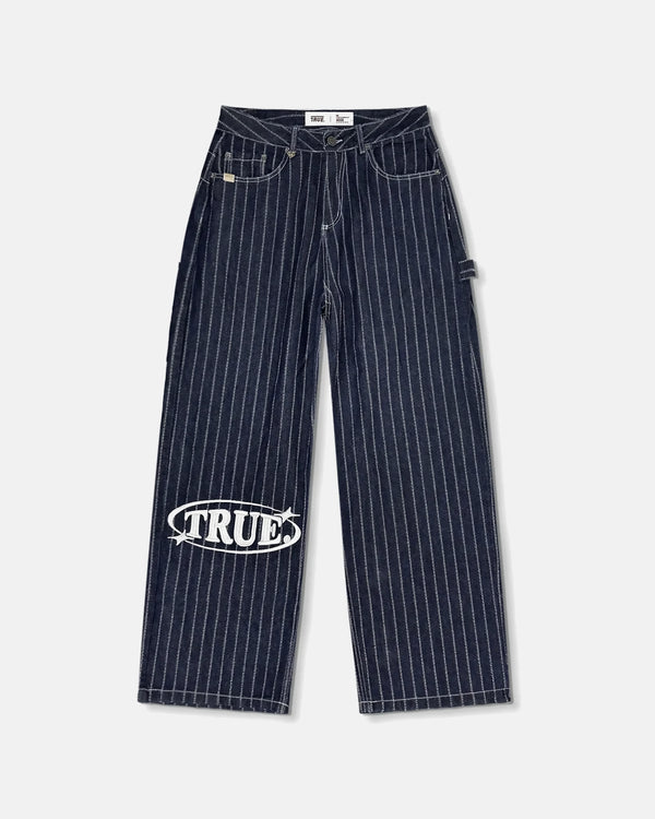TRUE - Pinstripe Mid-Rise Jeans - Blue